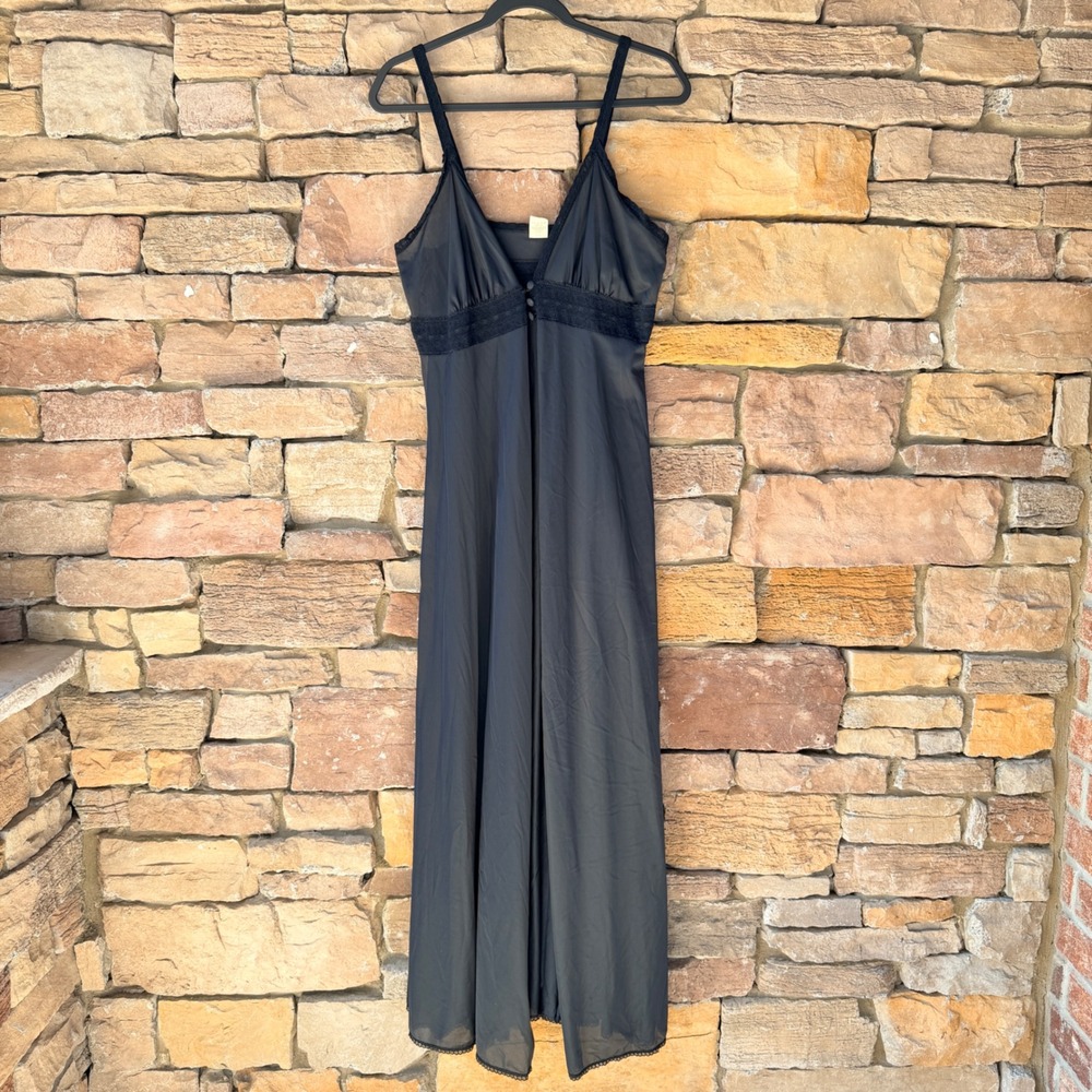 VTG Velrose L Black Lace Sheer Nightgown Maxi Slip Dress Robe Goth Fairy Boudoir